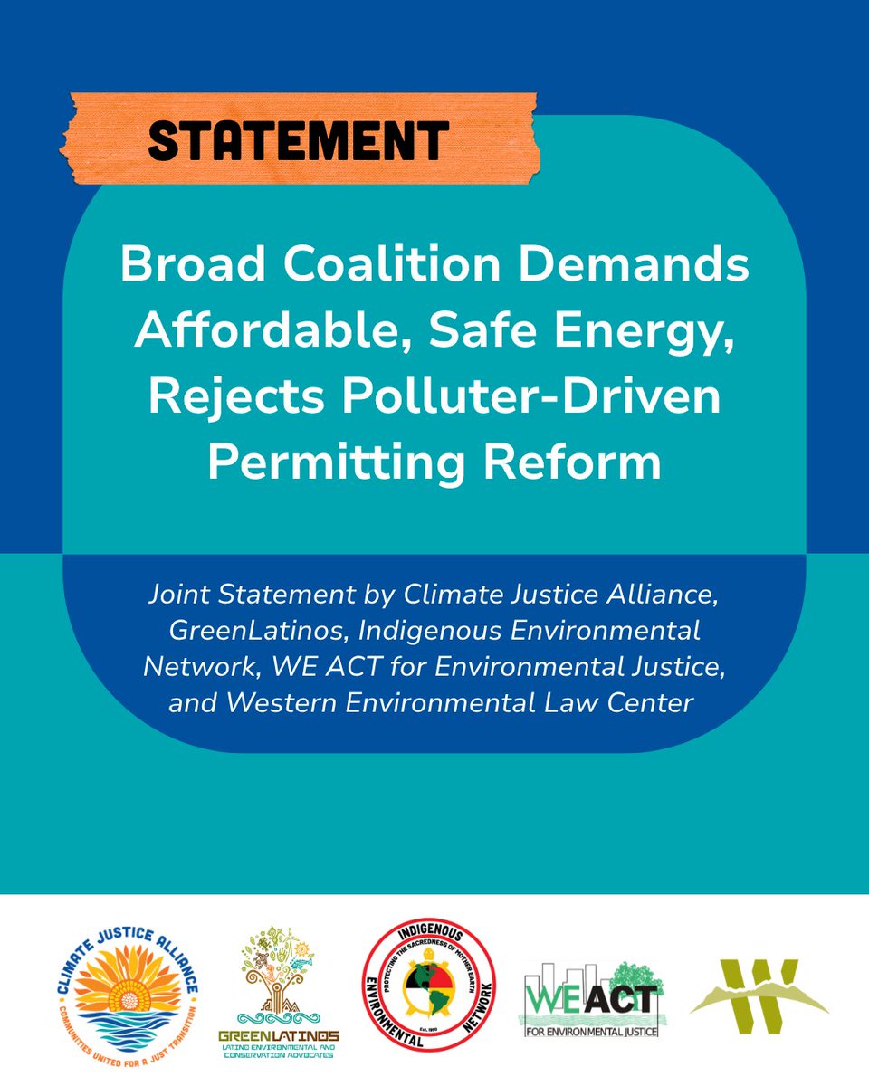 CJAOurPower's tweet photo. Today, @CJAOurPower, @GreenLatinos, @IENearth, @weact4ej, and @westernlaw led a broad coalition to oppose a dangerous deregulatory permitting reform proposal, disingenuously titled the ‘Bipartisan American Affordability and Jobs Act.’ 

Joint statement:
https://t.co/BDy4btuSMe https://t.co/mIwaJN8UNa