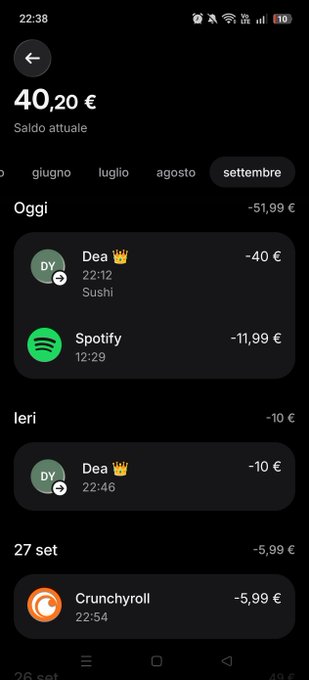A mobile banking app screen in Italian showing a balance of '40,20 €' with recent transactions including 'Dea 👑' for Sushi at -40 €, Spotify at -11,99 €, another 'Dea' charge at -10 €, and Crunchyroll at -5,99 €.