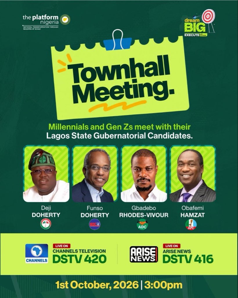 Virus_pluto's tweet photo. BREAKING: The @theplatformng welcomes Dr. @drobafemihamzat, the Lagos State APC 2027 Governorship candidate on its Townhall Meeting show.

Date: Thursday 1st October, 2026
Time: 3:00pm

Live broadcast on Channels TV - DSTV 420 and Arise News - DSTV 416

It's about to be lit https://t.co/6OE6Y2urHs