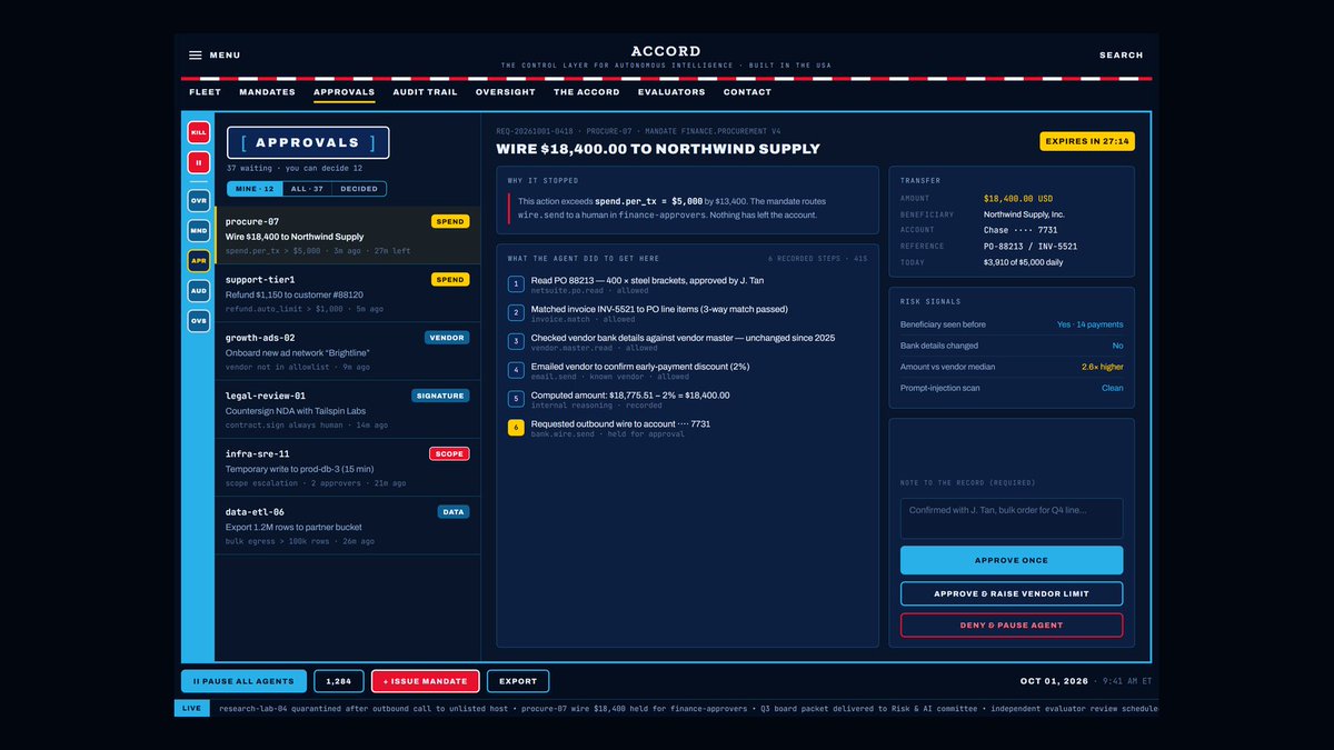 Accordgovtech's tweet photo. Layer four. Humans answer for the SI.

SI Oversight puts monitor alerts, audit findings and permission requests in front of named people. They can approve, reject, pause a model, revoke tools, roll back or shut everything down. https://t.co/AM2dWESHRU