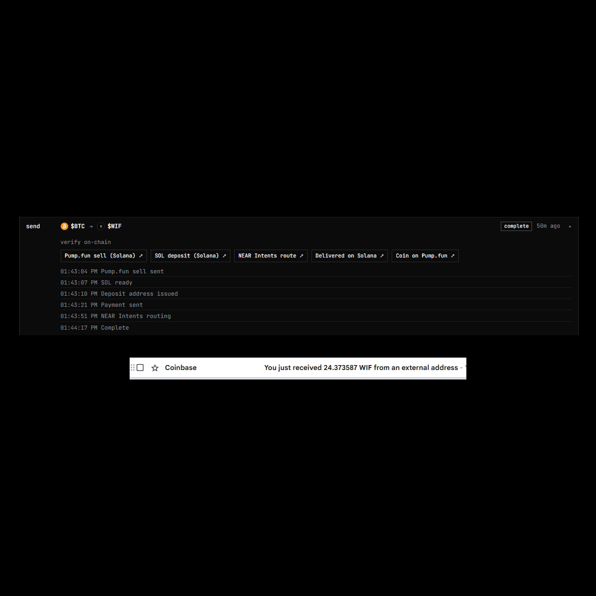 JustWarpIt's tweet photo. Sent $BTC through Warp → NEAR Intents routed it cross-chain → received $WIF directly in my Coinbase account.  

Every step is verifiable on-chain.  

CA: HEnboN7yKFuxgxjYuUdmGyxgx7uzWubbaKDLsTYYRiVR https://t.co/KaOhp1abj2