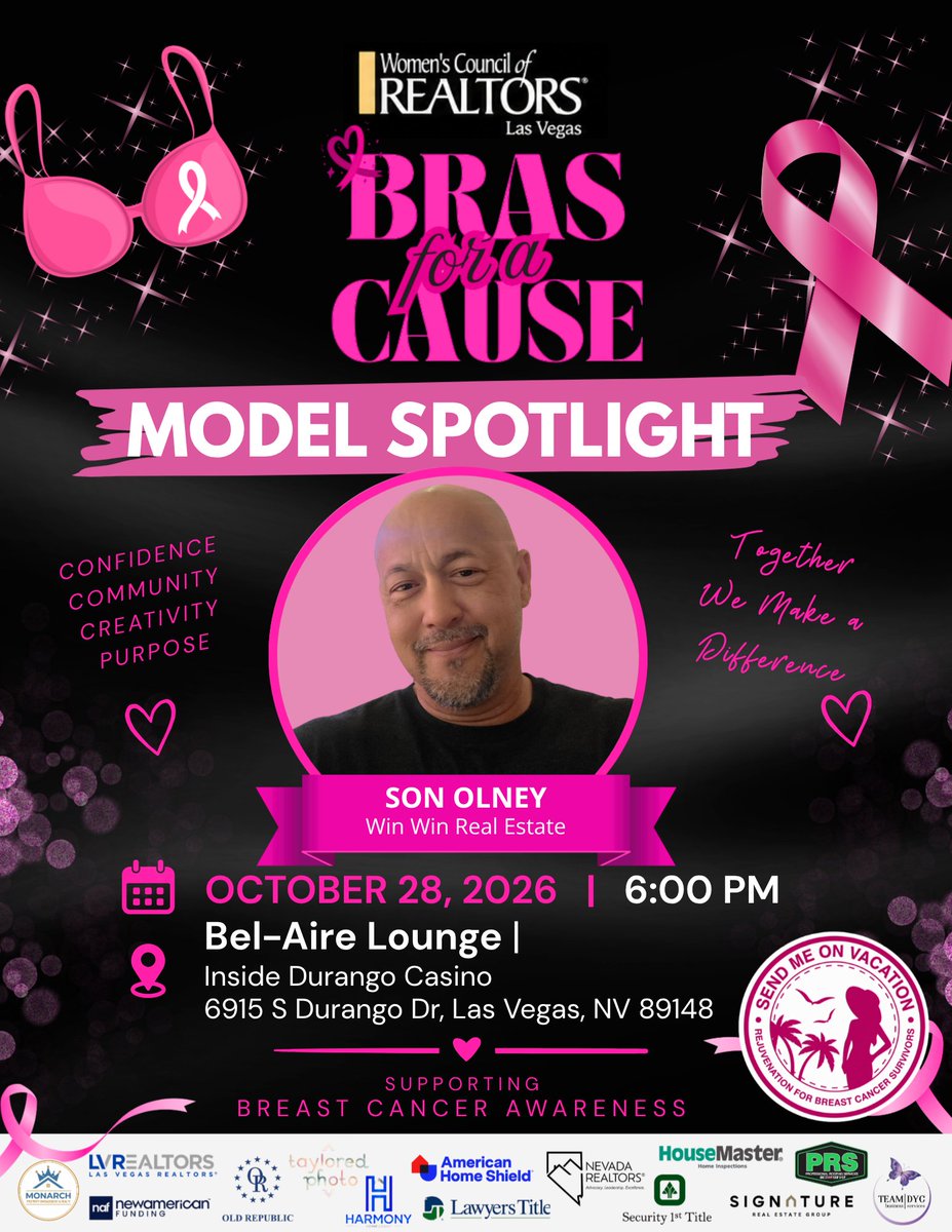 mgm_monarch's tweet photo. π MODEL SPOTLIGHT: SON OLNEY! π
Son Olney of Win Win Real Estate is joining Bras for a Cause in support of breast cancer awareness!
π
Oct. 28 | 6 PM
π Bel-Aire Lounge, Durango Casino
Together, we make a difference! π
#BrasForACause #WCRLV #BreastCancerAwareness https://t.co/7FCHIqzsmn