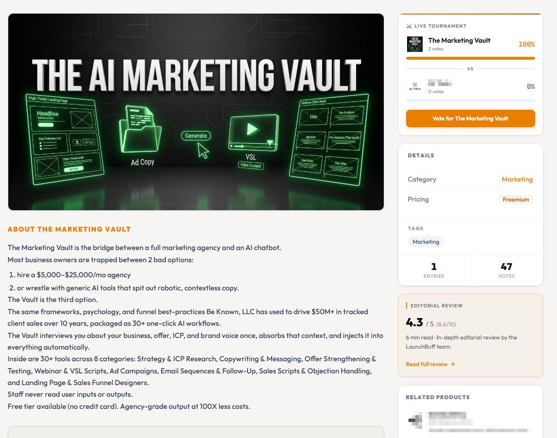 theDanielPope's tweet photo. The Marketing Vault just made it to the Round of 16 of Launchbuff Tournament #8! 🏆 Cast your vote here:
https://t.co/Axl4TTVgnL 

#aitool #saas #marketing #aimarketing #ContentStrategy #LaunchBuff https://t.co/ux7qIg1h8E