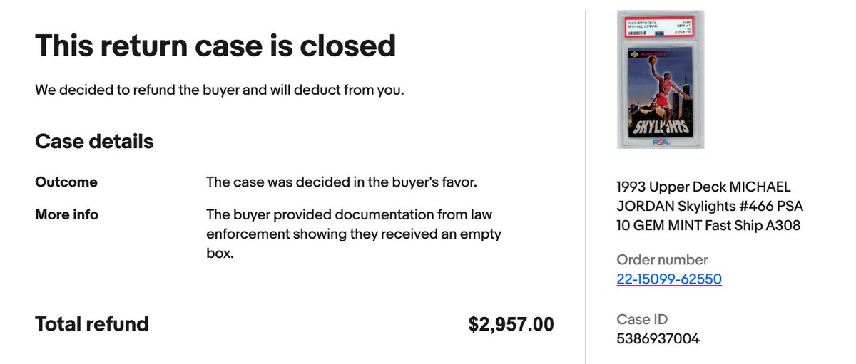 BreakerCulture's tweet photo. Watch out for Stolen Michael Jordan PSA 10 card!  Arrived at eBay Authentication (Express Mail) on 9/7. 

On 9/16 I get an email saying card failed authentication because "law enforcement" showed a tampered empty box. 

$2,957. 

Keep an eye out for Cert #82048770