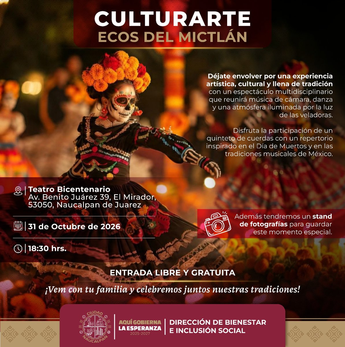 GobNau's tweet photo. ¡Celebremos nuestras tradiciones en Ciudad #Naucalpan!💀🌼

Disfruta de “Culturarte: Ecos del Mictlán”, una experiencia artística y cultural que reunirá música de cámara, danza y tradiciones mexicanas en torno al Día de Muertos. 🕯️🎶

📅 31 de octubre de 2026
⏰ 18:30 horas
📍 Teatro Bicentenario, Av. Benito Juárez 39, El Mirador
🎟️ Entrada libre y gratuita

¡Ven con tu familia y celebremos juntas y juntos nuestras tradiciones! 🧡

#AquiGobiernaLaEsperanza #Naucalpan #DíaDeMuertos