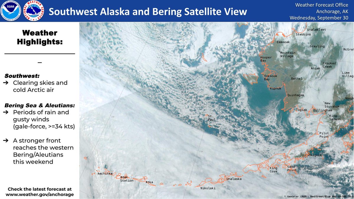 NWSAnchorage's tweet photo. 👀 Take a peek at satellite for the Bering, Aleutians &amp; Southwest Alaska! We’re seeing periods of rain and gusty winds for the Bering &amp; Aleutians, while clearing skies with #ArcticAir move into Southwest, bringing cold temps! A slightly stronger low arrives by this weekend. #AKwx https://t.co/OduOCuoXiA