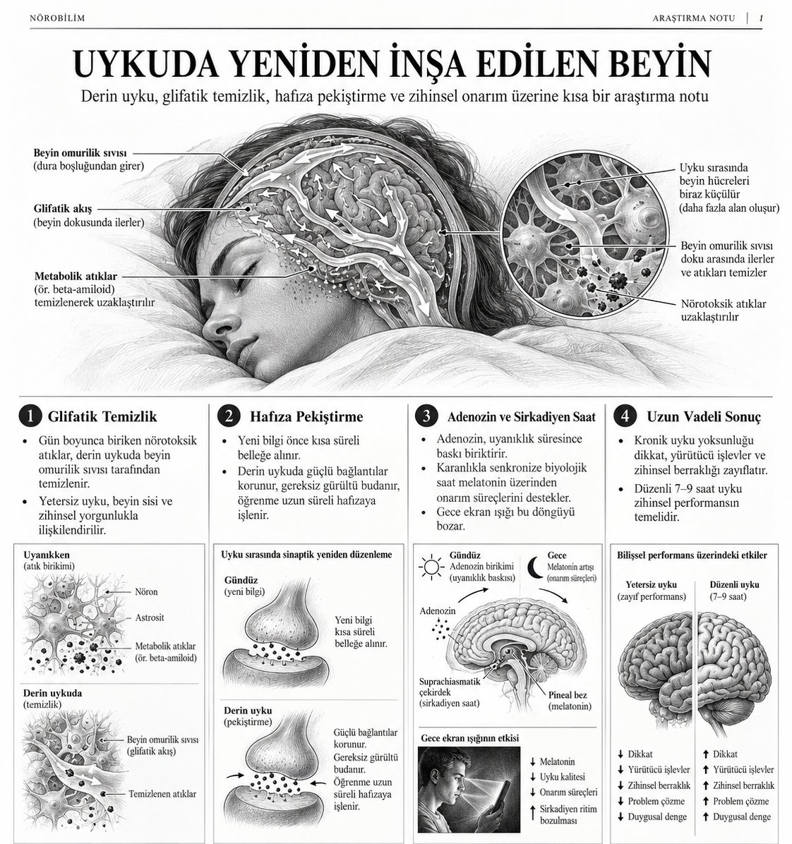 onlukitap's tweet photo. Uyku bir zayıflık göstergesi veya boşa harcanan bir zaman dilimi değildir.
Modern kültür bize az uyuyup çok çalışmayı, uykusuzlukla övünmeyi bir erdem gibi pazarlıyor.
Oysa biyolojimiz bu sahte kahramanlığı asla affetmez.

Sen gözlerini kapatıp dünyayla ilişiğini kestiğinde beynin kapanmaz.
Aksine, gün boyu yapamadığı o devasa nörolojik temizlik ve mimari onarım mesaisine başlar.
İki bin yirmi beş yılına ait en kapsamlı nöroloji analizleri beynin karanlıkta nasıl çalıştığını büyüleyici bir netlikle ortaya koyuyor.

Gün boyunca düşünürken, karar verirken ve stres yaparken beynin sürekli metabolik atık üretir.
Bu nörotoksik çöpler gün ilerledikçe zihinsel alanında birikir.
Sen derin uykuya daldığında muazzam bir mühendislik harikası devreye girer.
Beyin hücrelerin fiziksel olarak küçülür.
Glifatik sistem adı verilen ağ tam kapasite açılır ve beyin omurilik sıvısı bu zehirli atıkları kelimenin tam anlamıyla yıkayarak temizler.
Yeterince uyumadığında o zehir beyninde kalır ve beyin sisi dediğimiz o kronik yorgunluğu yaratır.

Bir kitabı okuduğunda veya yeni bir beceri çalıştığında onu o an öğrenmezsin.
O an sadece veriyi kısa süreli belleğe alırsın.
Gerçek öğrenme sen derin uykudayken gerçekleşir.
Beynin o günkü gereksiz gürültüleri ve tecrübeleri acımasızca budar.
Kritik olan bilgileri ise sinaptik plastisite yoluyla uzun süreli hafızaya lehimler.
Zayıf nöron bağları silinir, güçlü olanlar çelikleşir.
Daha fazla çalışmak için uykudan çaldığın her saat, aslında doğrudan kendi zekândan çaldığın bir saattir.

Bedeninde kusursuz işleyen iki ayrı mekanizma vardır.
Birincisi, sen uyanık kaldıkça beyninde biriken ve hücresel yorgunluk baskısı yaratan adenozin maddesidir.
İkincisi ise gözlerine giren ışıkla senkronize olan biyolojik saatin, yani sirkadiyen ritmindir.
Karanlık çöktüğünde hipotalamusundaki ana saat melatonin salgılayarak onarım şalterlerini açar.
Gece yarısı yapay ekran ışığına maruz kalarak bu karanlığı sabote ettiğinde, o devasa onarım sistemini felç edersin.

Uzun vadeli uyku yoksunluğu sadece sabahları yorgun uyanmak demek değildir.
Nörodejeneratif hastalıklara, beyin damarı hasarlarına ve idari işlev kaybına giden otoyolun kapılarını sonuna kadar açmaktır.
Günde yedi ile dokuz saat arası uykuyu alamayan bir zihin, kendi kendini içeriden yiyerek hayatta kalmaya çalışır.

Daha iyi odaklanmak, daha keskin düşünmek ve zihinsel sınırlarını aşmak istiyorsan fazladan bir kahveye veya sihirli bir taktiğe ihtiyacın yok.
Zekânın ve sağlığın yegâne temeli o kesintisiz onarım döngüsüne teslim olmaktır.

Gürültüyü kapat ve sistemin kendini yeniden inşa etmesine izin ver.