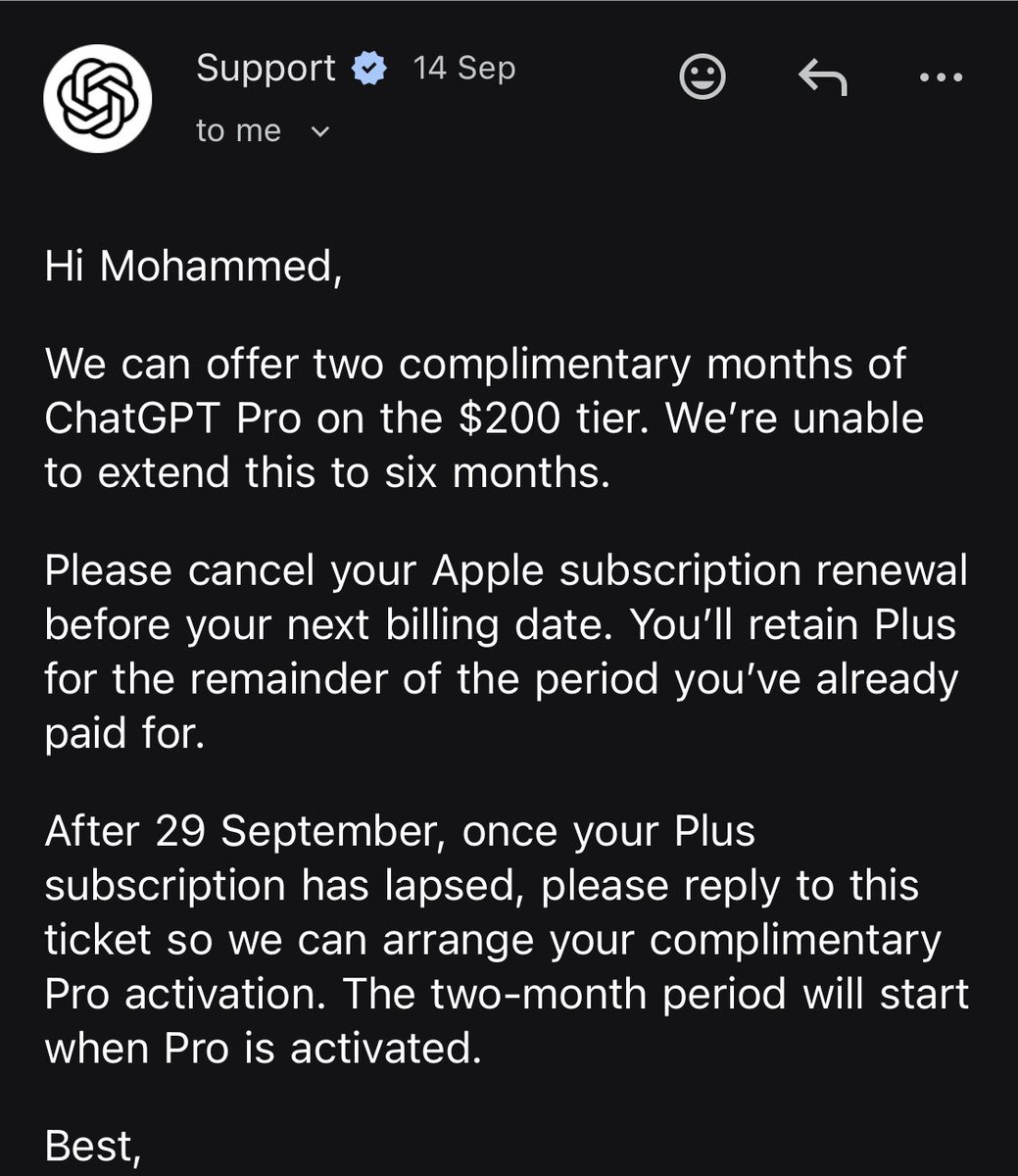USA_STOCK2030's tweet photo. I’m sharing a documented customer-support issue with @OpenAI @sama and asking for a clear, accountable review.

OpenAI Support previously confirmed in writing that I was approved for two complimentary months of ChatGPT Pro at the $200/month tier, to be activated after https://t.co/In1eOI1iSE