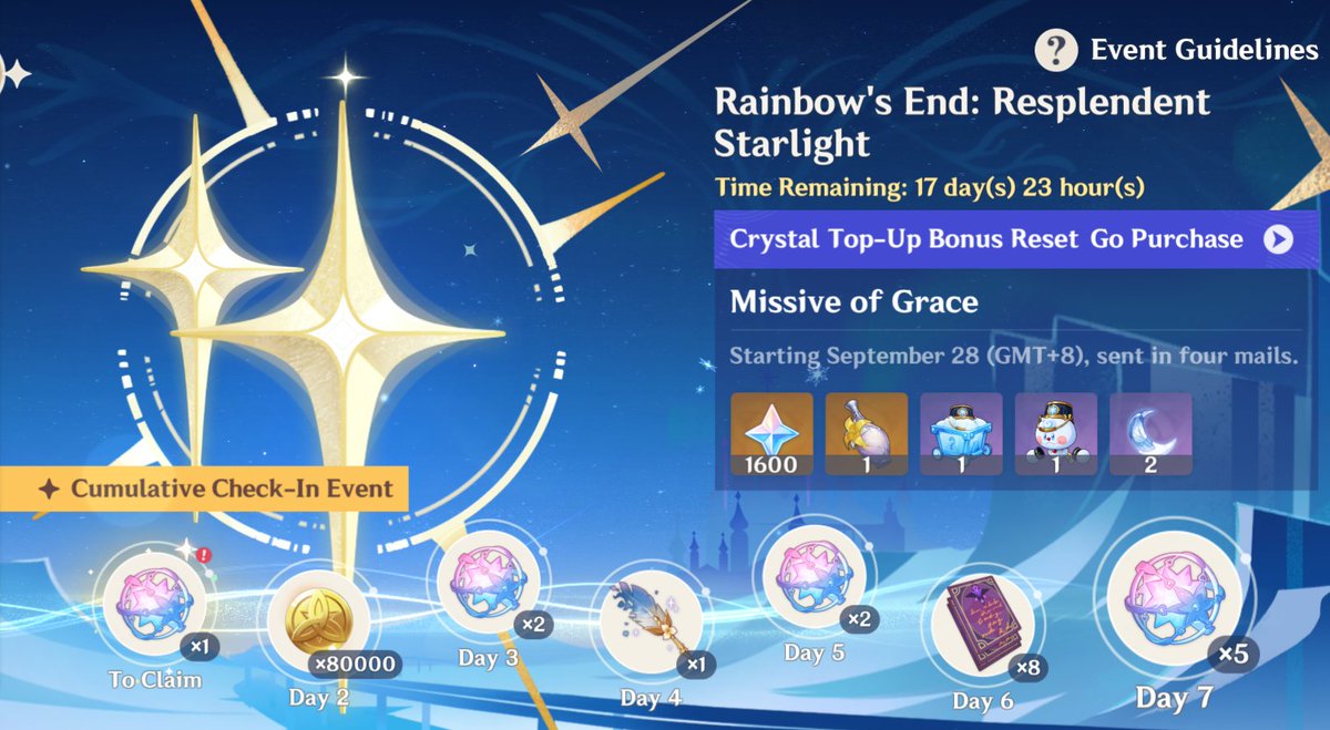 GenshinUniverse's tweet photo. "Resplendent Starlight" Login Event is available on Asia Server!

#GenshinImpact https://t.co/kSTJ1VQRn7