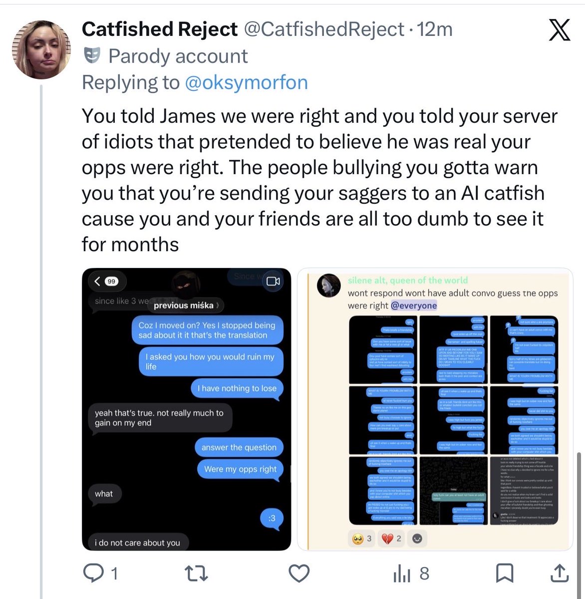 CatfishedReject's tweet photo. @oksymorfon You proved that you’re a catfished reject crashout and your opps were right for the months you were edating him sending him your saggers https://t.co/55DHFcDHRo
