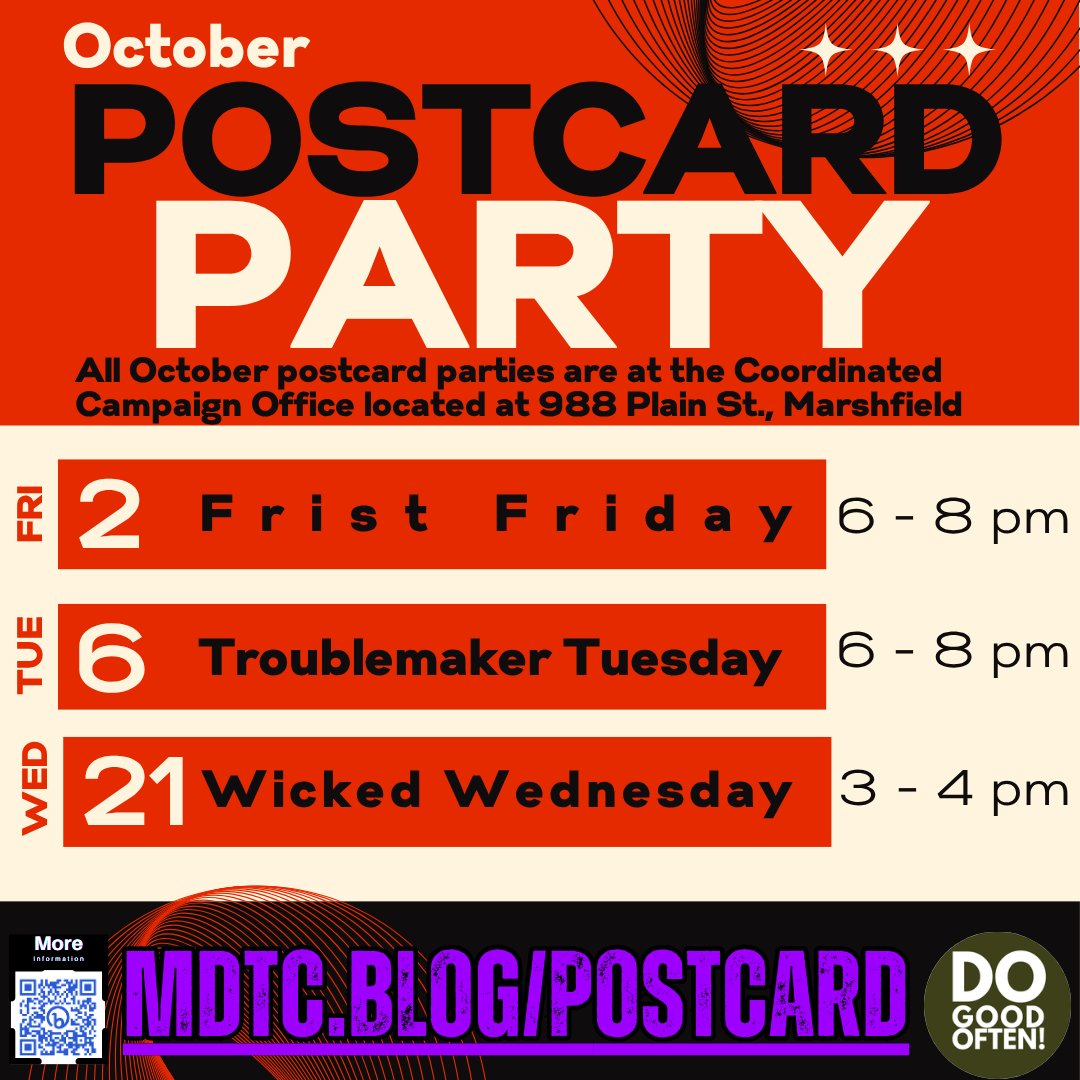 marshfielddtc's tweet photo. Each month the good troublemakers of Southeastern Massachusetts host a series of postcard parties to remind people to vote in upcoming elections. Please check out the full schedule for the month by visiting the https://t.co/xI79rwBQ13 or scanning the QR code. https://t.co/AcoCKgQ8qz