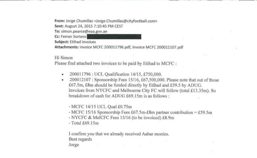 TheUnitedWay26's tweet photo. This is damning. An email CC’ing Ferran Soriano states that of £67.5m in Etihad sponsorship, just £8m was to come from Etihad and £59.5m from ADUG. Another says: “We mustn’t show the partner supplement if it is going outside the club.” Hard to explain that away. https://t.co/uIV30rOwWv