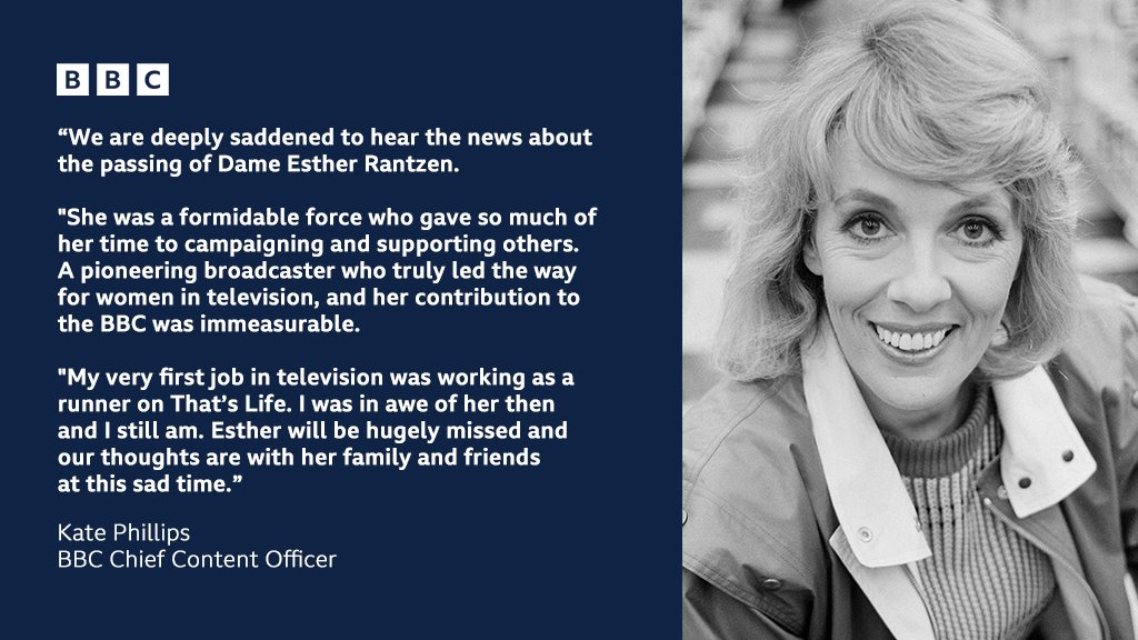 bbcpress's tweet photo. "A pioneering broadcaster who truly led the way for women in television"

BBC Chief Content Officer Kate Phillips pays tribute to Dame Esther Rantzen

https://t.co/8xVBE5ksL7 https://t.co/E6cv8ybAsr