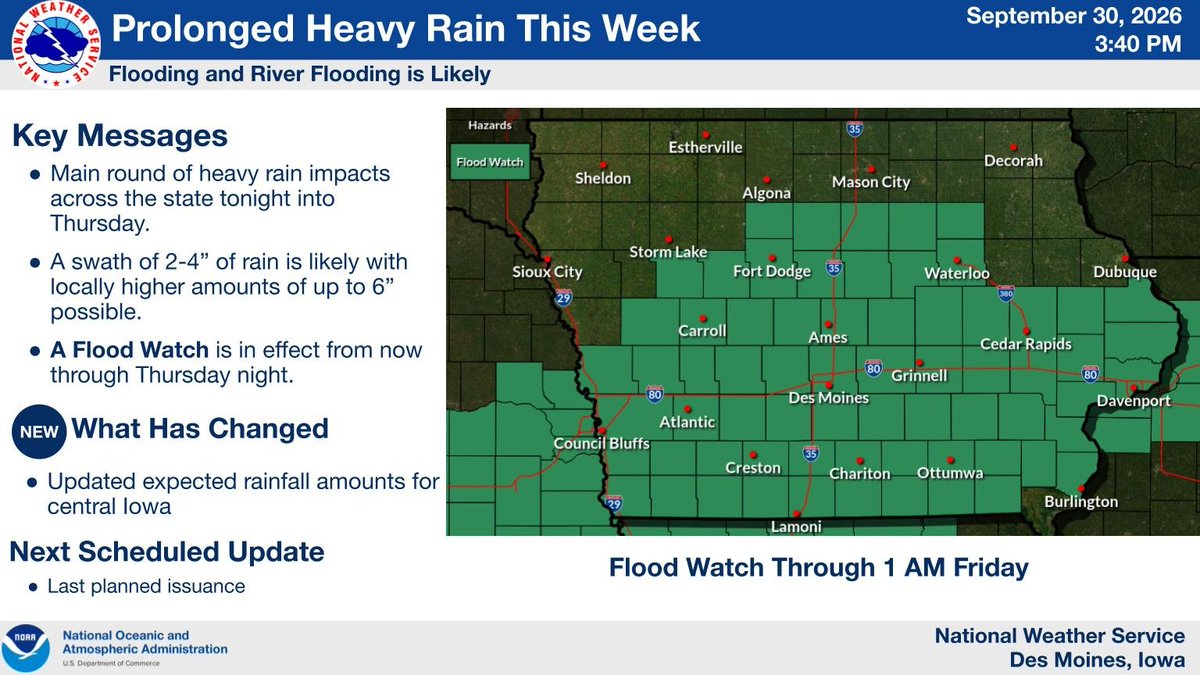 NWSDesMoines's tweet photo. Showers continue this evening, becoming heavier late tonight into Thursday morning. Expect 2–4 inches of rain across the area, with localized totals up to 6 inches. https://t.co/8R5UOhJUVd