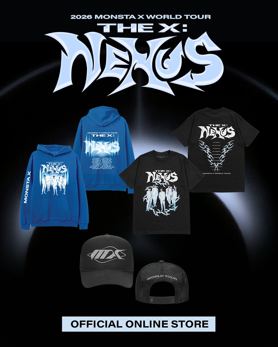 MerchTraffic's tweet photo. Enter the NEXUS. ⚡

The 2026 MONSTA X World Tour ‘THE X: NEXUS’ e-commerce exclusive collection has arrived. Shop official tour tees, hoodies, and hats now - available only at the Official Online Store.

Shop now at the link in bio.

#MONSTAX #몬스타엑스 #THE_X_NEXUS #MONSTAXWorldTour