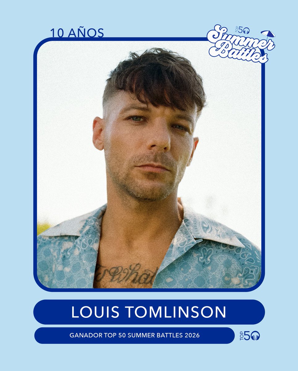 Top50Oficial's tweet photo. ☀️ ¡LOUIS TOMLINSON ES EL GANADOR DE LAS TOP 50 SUMMER BATTLES 2026! ☀️

El británico se impone a SEBASTIAN YATRA en una final con 1.535.598 votos y se convierte en el primer artista en ganar las Summer Battles en 2 ocasiones.

Gracias a todos los que habéis votado y habéis hecho posible esta 10ª edición. 💚

— Más información aquí: https://t.co/bTxUSL5ep8