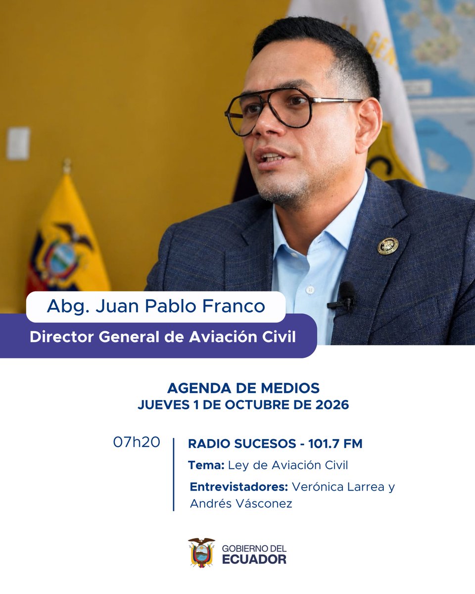 DGAC_Ecuador's tweet photo. 🎙️ #AgendaDeMedios | Este jueves 1 de octubre, el Abg. Juan Pablo Franco, Director General de Aviación Civil, estará presente en @radiosucesosec para informar a la ciudadanía sobre los detalles de la Ley Orgánica de Aviación Civil. 🇪🇨🛫 https://t.co/HjRpTGzgr3