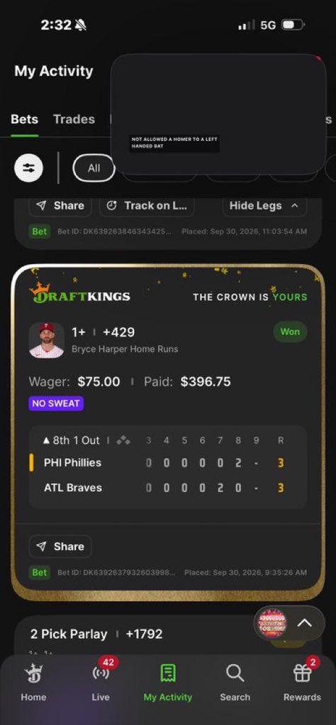 triciatips_'s tweet photo. DraftKings: 'NOT ALLOWED A HOMER TO A LEFT HANDED BAT.'
Bryce Harper (a left-handed bat): Hold my beer. 🍺💣
$75 ➡️ $396.75. NO SWEAT. CASHED. 🤡💰

#MLB #SportsBetting #GamblingTwitter #DraftKings  #BryceHarper #Phillies #RingTheBell  #MLBPicks #BettingPicks #Cashit  
@Playbook https://t.co/IXmBSkSdIS