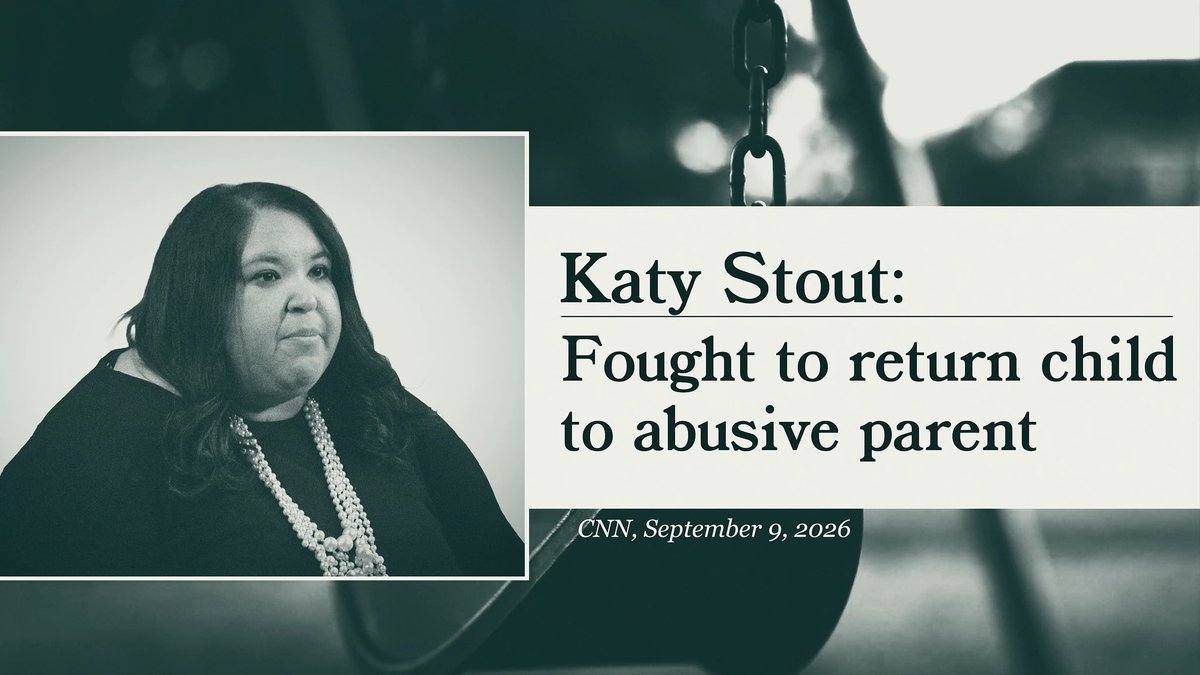 A CNN graphic dated September 9, 2026 features a photo of Katy Stout with the headline "Katy Stout: Fought to return child to abusive parent," set against a background of chains. The image relates to the accompanying post by mocking concerns over a podcast comment by highlighting a far more serious alleged offense.