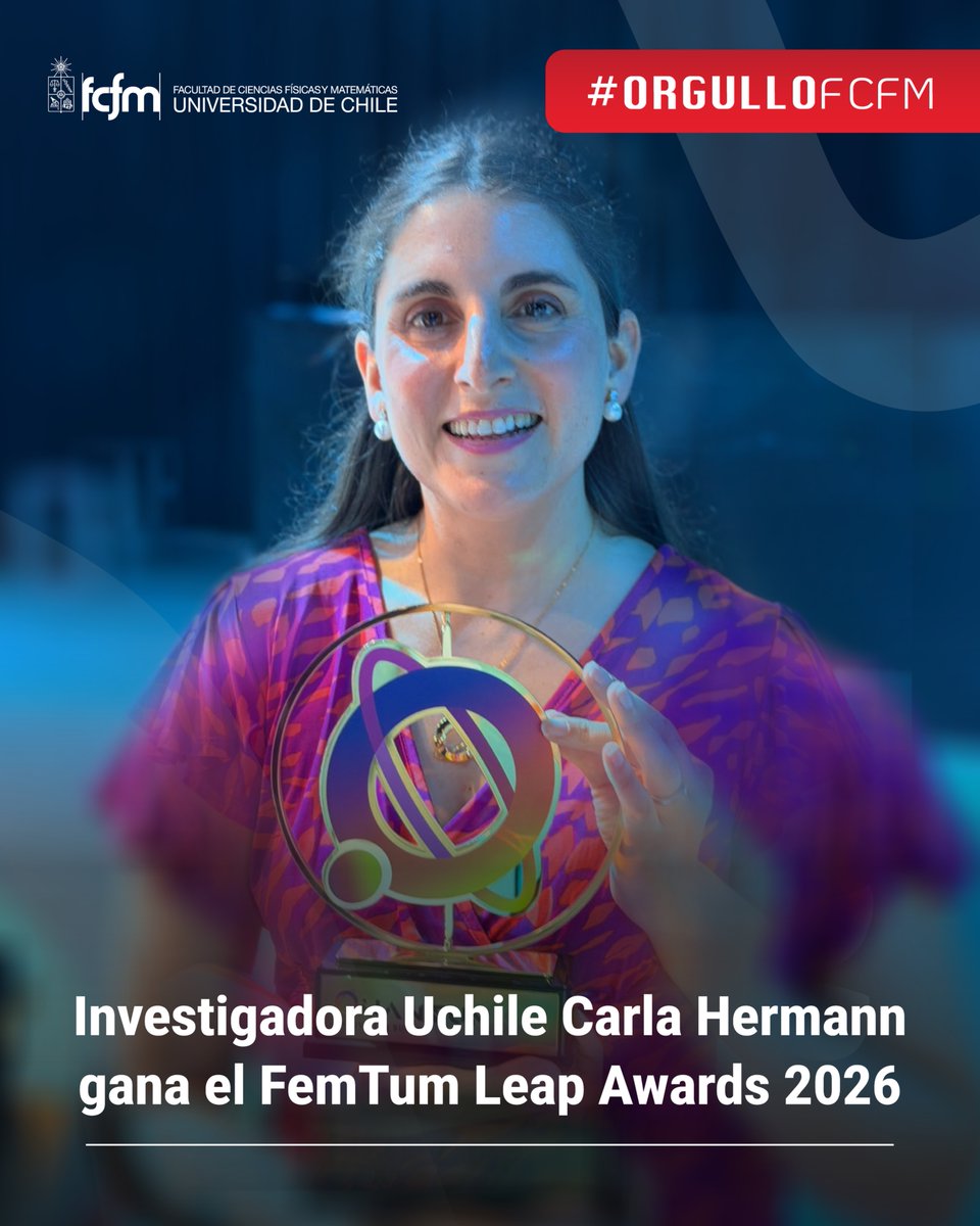 UChile_Beauchef's tweet photo. #ReconocimientoInternacional | Carla Hermann gana los FemTum Leap Awards 2026

La académica FCFM recibió en Dubái el Quantum Educator and Mentor Award y se convirtió en la primera científica chilena en obtener este reconocimiento internacional.

🔗 https://t.co/qc3vyM5Jp5 https://t.co/nXlN0Ko4uY