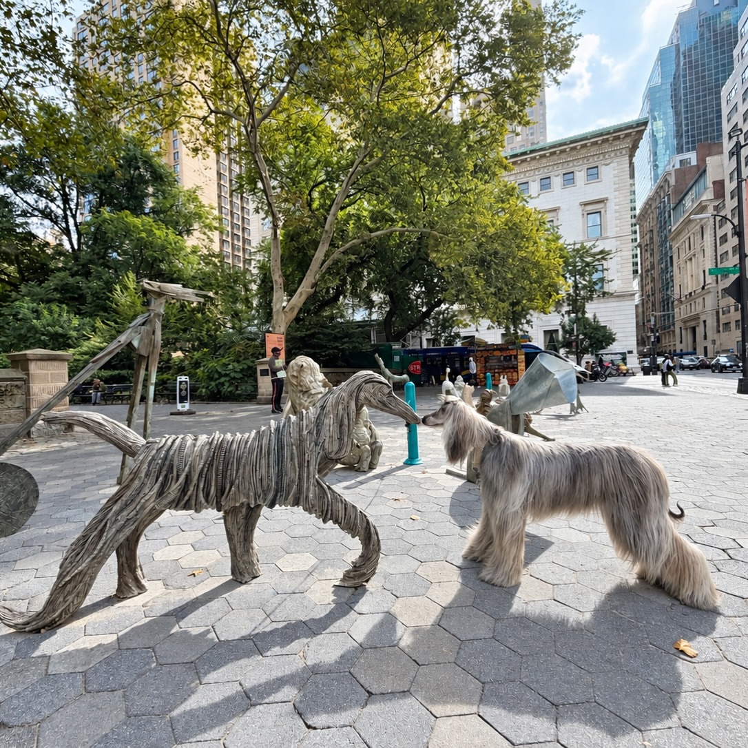 PublicArtFund's tweet photo. A moment of mutual recognition. 🐾 This week’s Public Art Fund #PicOfTheWeek captures Siobhán, a four-legged New Yorker, going nose to nose with one of the sculptures in “Camille Henrot: Dogs” at @CentralParkNYC's Doris C. Freedman Plaza. https://t.co/OINjgKvC4q