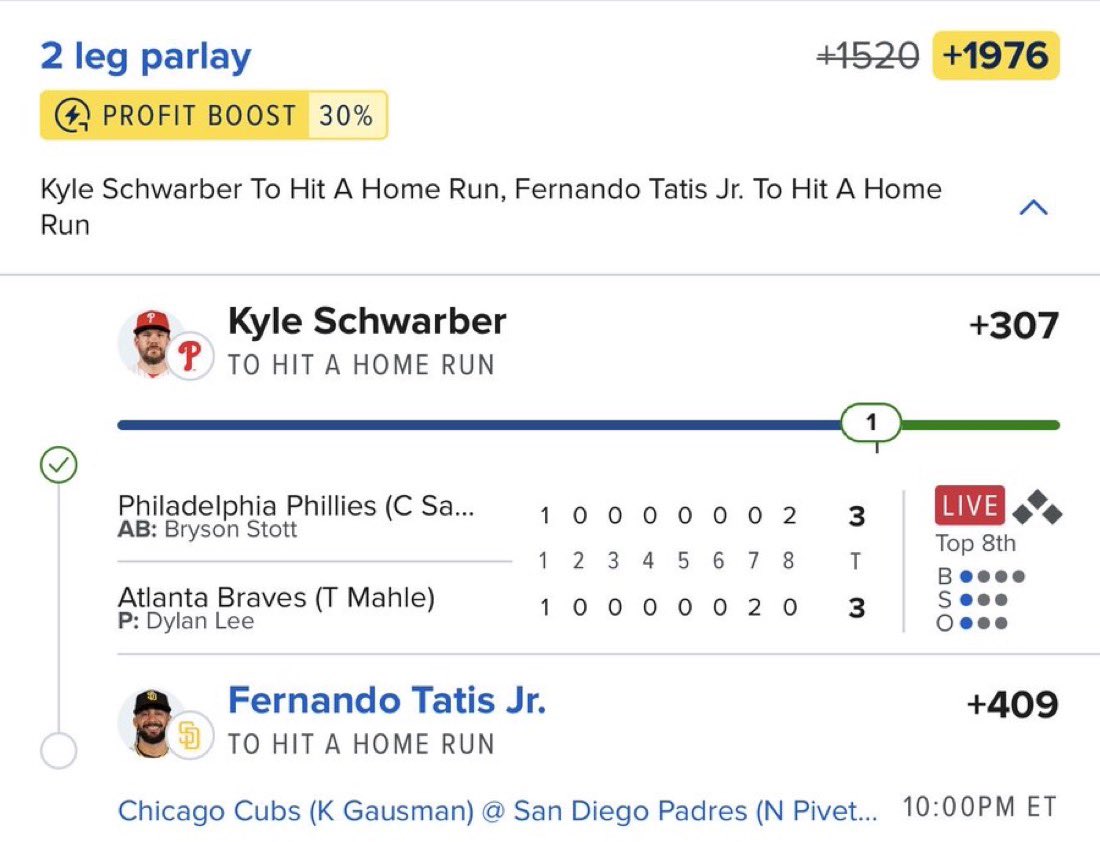 BetWithMaya_'s tweet photo. Schwarber hits leg 1!✅ 💣 Need Fernando Tatis Jr. to clear the fence tonight to cash this parlay. 🤞⚾️ https://t.co/THn8Nhz0Zo