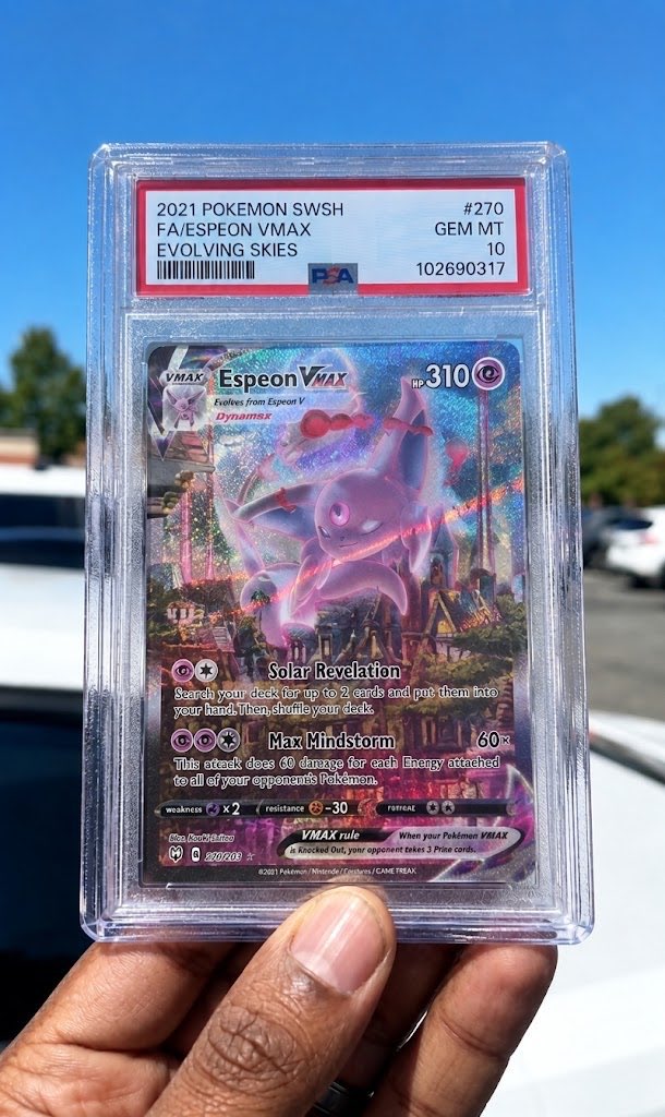 astro_degens's tweet photo. GIVING AWAY this $17,600 PSA 10 GEM MINT Espeon VMAX #270/203 from Evolving Skies ✨⁠

One of the most beautiful Eeveelution cards ever made. 💜

Valued at $17,600 And it could be yours.

Just like and reply for a chance to WIN, good luck 🫡⁠ https://t.co/85IU9cK3UH