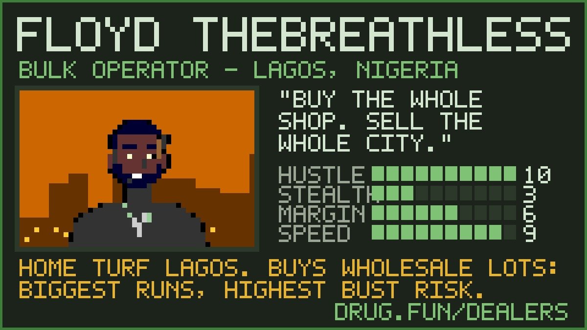 drug_dot_fun's tweet photo. Introducing Dealers!

Meet FLOYD THEBREATHLESS!

This is the best tech we built so far.

You can hire an agent to scan .onion new and well established marketplaces and invest a portion of $DRUG fees into them.

For those who don't know this is how dark web economy works.

You automatically get portions of fees sent as stocks or as $DRUG to your wallet and they are SIGNIFICANT.

Once more people realize this price action will show.