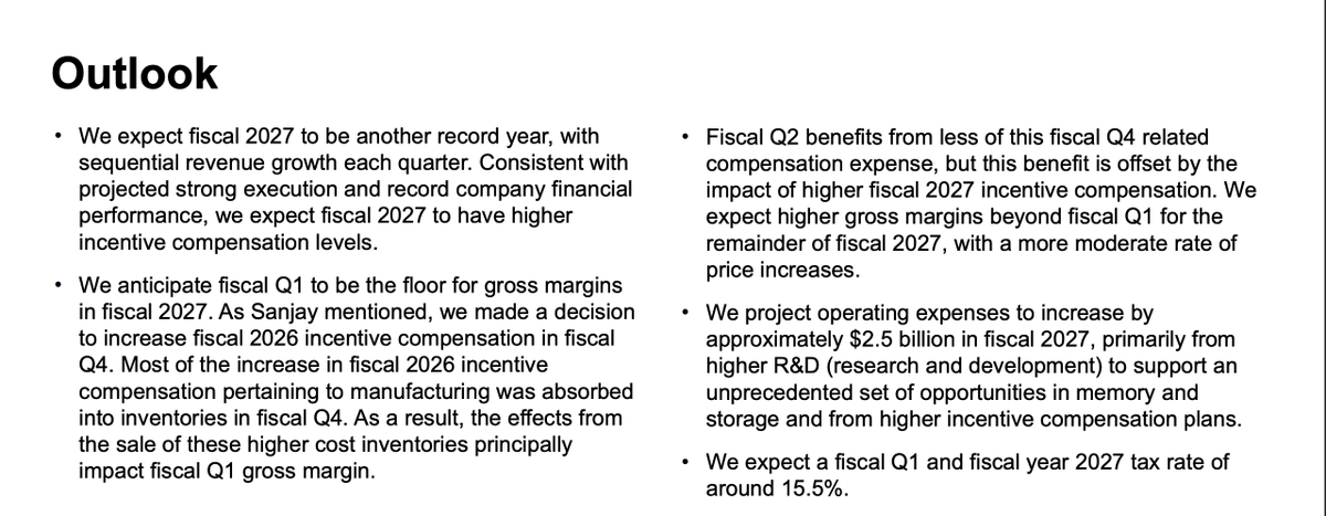 MilkRoadAI's tweet photo. This is one of the most bullish part of $MU’s outlook.

Micron expects fiscal 2027 to be another record year, with revenue growing sequentially every single quarter.

Even more importantly, management said Q1 should be the floor for gross margins, with margins expected to move higher through the rest of 2027.

They are also increasing R&D because they see an “unprecedented set of opportunities” in memory and storage.

This memory cycle still has a lot of room left.