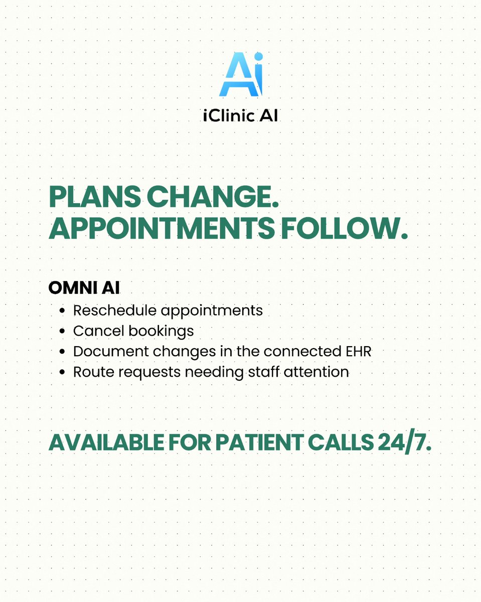 iclinic_'s tweet photo. A change of plans creates work for your front desk: update the appointment document the change and involve the right person when needed.

OMNI AI handles supported appointment changes over the phone and connects the interaction to your clinic’s EHR workflow.
.
#iClinicAI #OmniAI https://t.co/wrcVWbyzeI