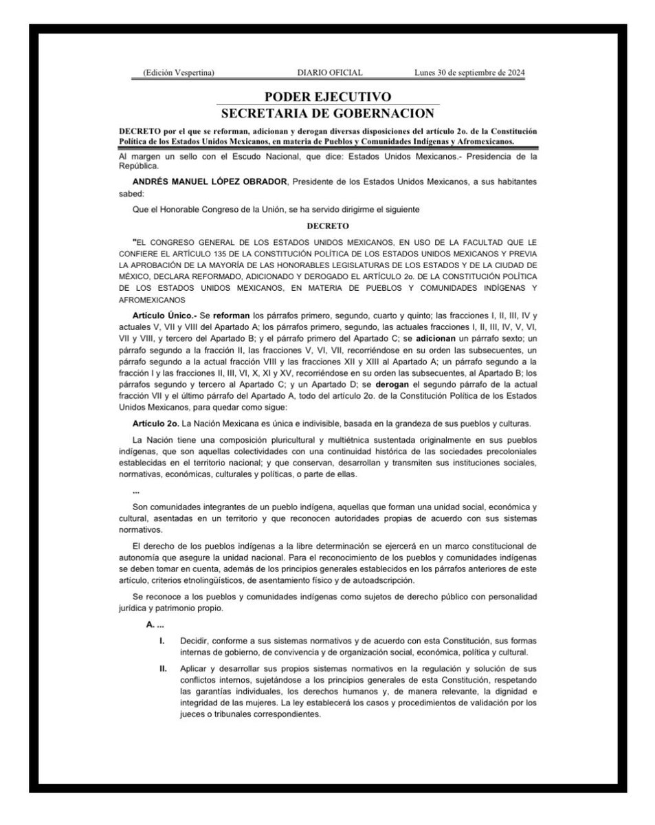 ErnestinaGodoy_'s tweet photo. Nuestra identidad se compone de raíces que han luchado por siglos para que sus derechos sean reconocidos.
Por ello, hoy vale la pena recordar que el 30 de septiembre de 2024, se publicó la Reforma al artículo 2o. de la Constitución en materia de Pueblos y Comunidades Indígenas y Afromexicanos. 
Este paso, representó el primero de muchos cambios que reconocen la riqueza cultural que estos pueblos nos han dado, sin la que no seríamos el México actual, uno donde cabemos todas y todas, se busca la erradicación de la discriminación, de los prejuicios y que nadie se quede atrás en materia de derechos humanos.