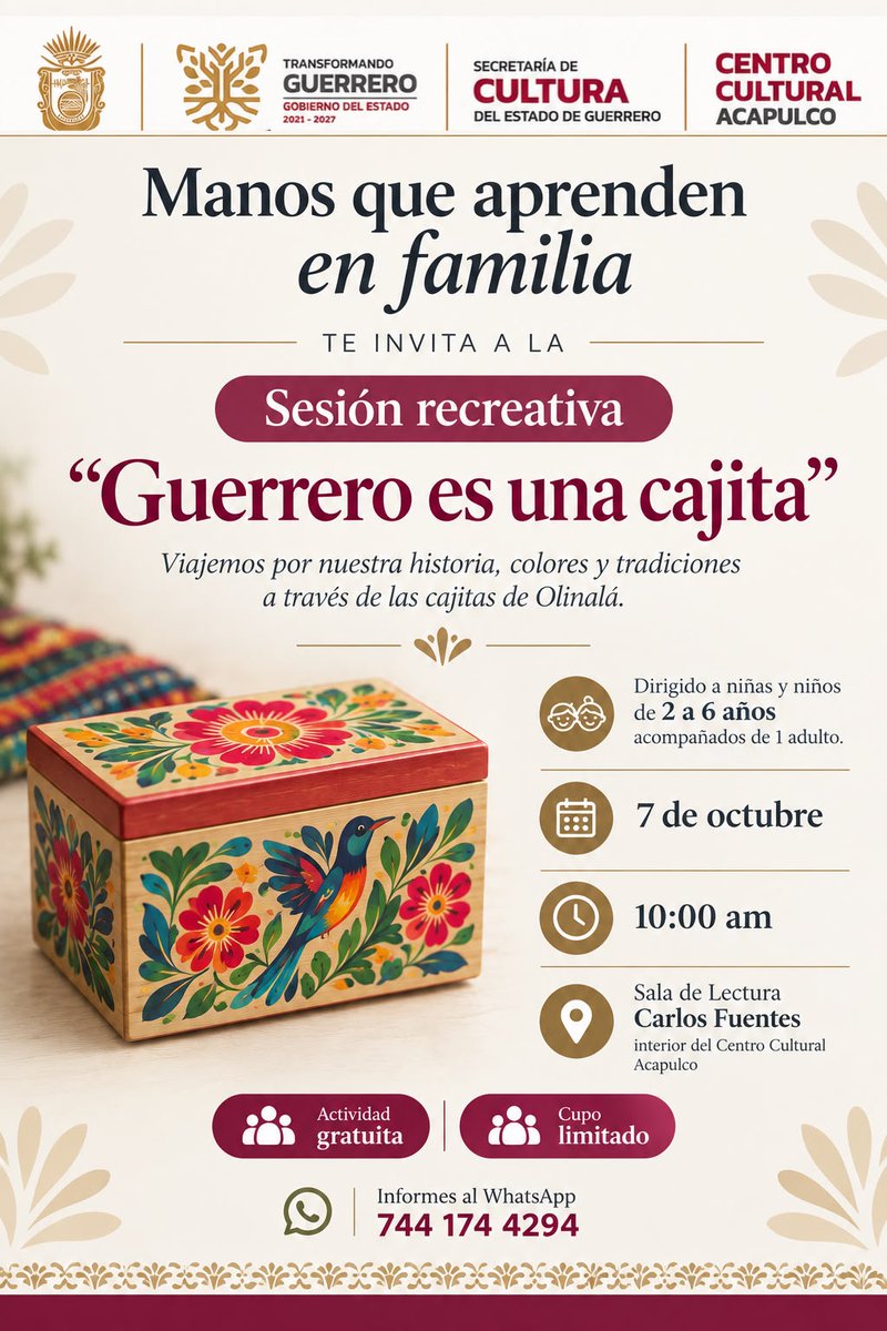 SecuGro's tweet photo. El @Gob_Guerrero y la @SecuGro, invitan a la sesión recreativa:

“Guerrero es una cajita”.

📅7 de octubre ⏰10:00 horas.
📍Sala de Lectura “Carlos Fuentes”, del Centro Cultural Acapulco.

Informes vía WhatsApp al: 744 174 4294.

#TransformandoLaCultura https://t.co/NJhrjnRN0i