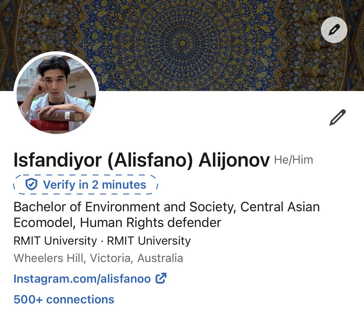 alisfano's tweet photo. Salom guys, I’m Isfandiyor-Alisfano online, Dior at uni. 
20, Uzbek yigit living in Melbourne. Liberal, progressive & a human rights defender, also has run environmental projects. My goal is to build a stronger Uzbek  community diaspora across Australia and to launch new projects supporting Uzbekistan’s sustainable development and contributing to the Sustainable Development Goals. Lets get in touch in comments.