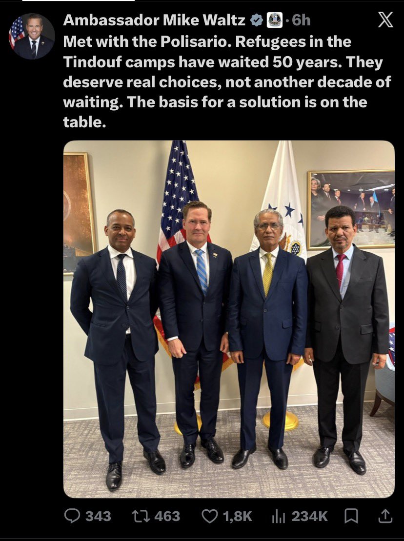 SolitaireDZ54's tweet photo. L’ambassadeur Mike Waltz:
Rencontre avec le #Polisario
Les réfugiés des camps de Tindouf attendent depuis 50 ans. Ils méritent de véritables choix, et non une décennie supplémentaire d'attente. Les bases d'une solution sont sur la table
#Sahara_Occidentale 
#Maroc https://t.co/ewcjhKGmqn