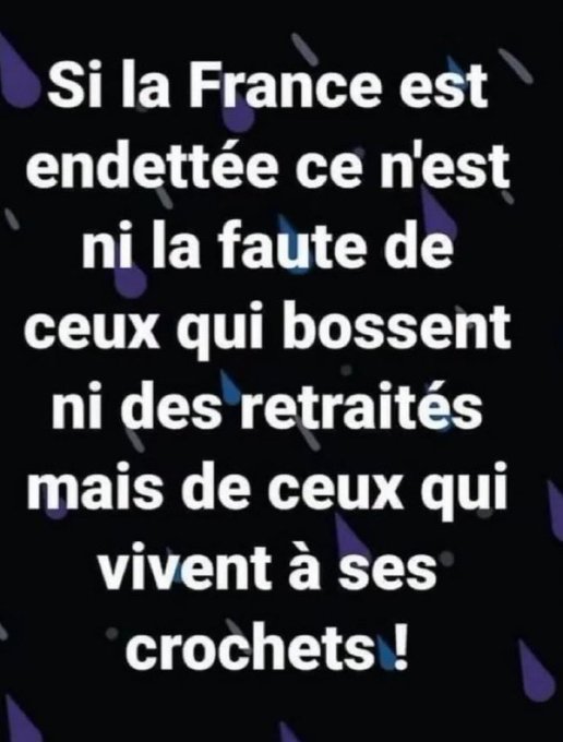 AdamGirard1990's tweet photo. Si la France est endettée ce n'est ni la faute de ceux qui bossent ni des retraités ! C'est la faute de ceux qui vivent à ses crochets. 
#GouvernementDeTromperie https://t.co/IU1ednAji7