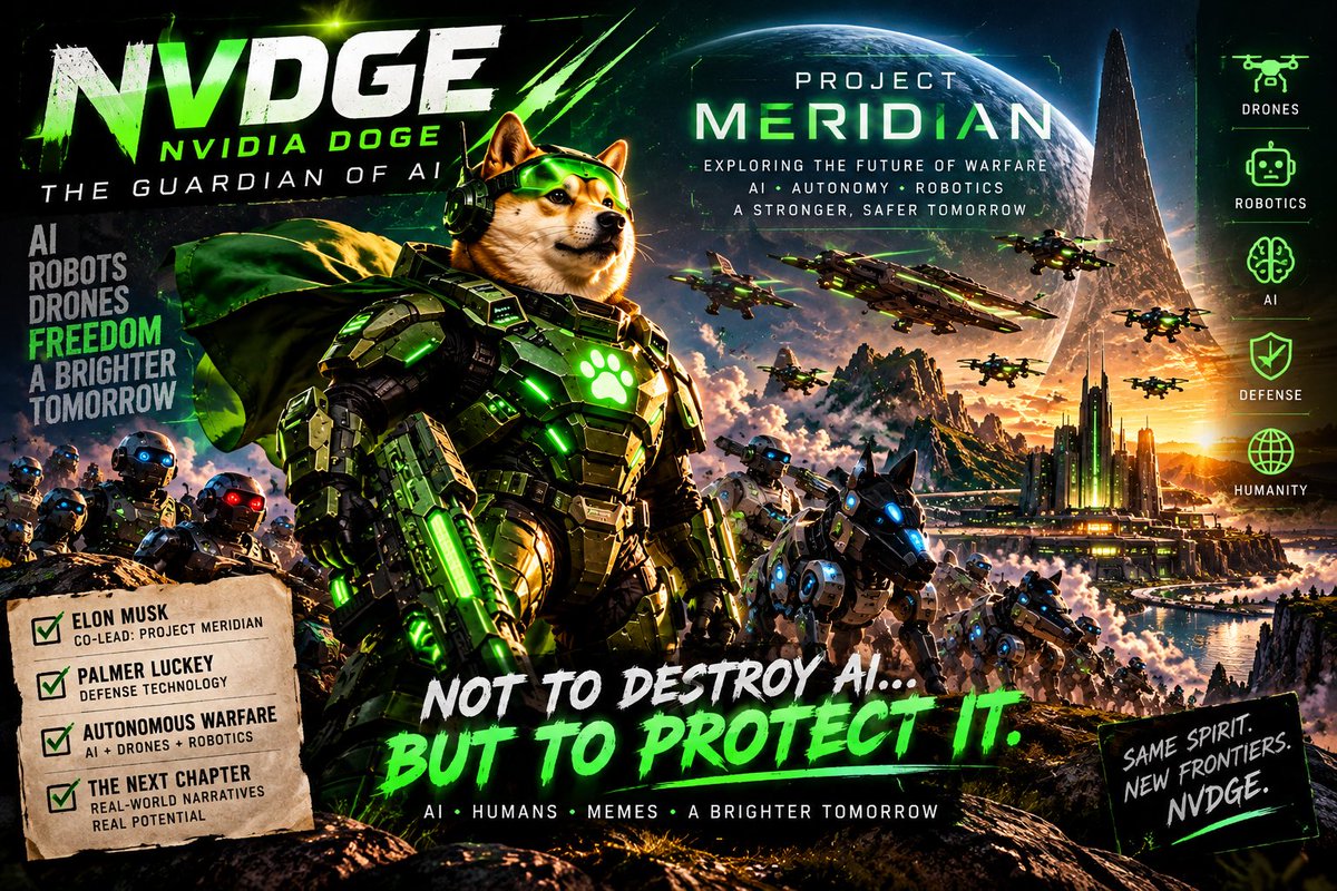 BlackBerryCatX's tweet photo. 👀 A new chapter just opened.

Project Meridian. AI. Robotics. Autonomous systems. The future of warfare.

Elon Musk is helping study where that future could lead — and it feels like the line between science fiction and reality keeps getting thinner.

So where does NVDGE — Nvidia Doge fit into the meme narrative?

Maybe the Doge of the future isn’t running from AI…
Maybe he’s guarding it. 🐕🤖

No official connection. Just watching a very interesting narrative develop. 👀

Same spirit. New frontier.

$NVDGE

#NVDGE #Doge #AI #Robotics #ProjectMeridian #ElonMusk #Solana #MemeCoin