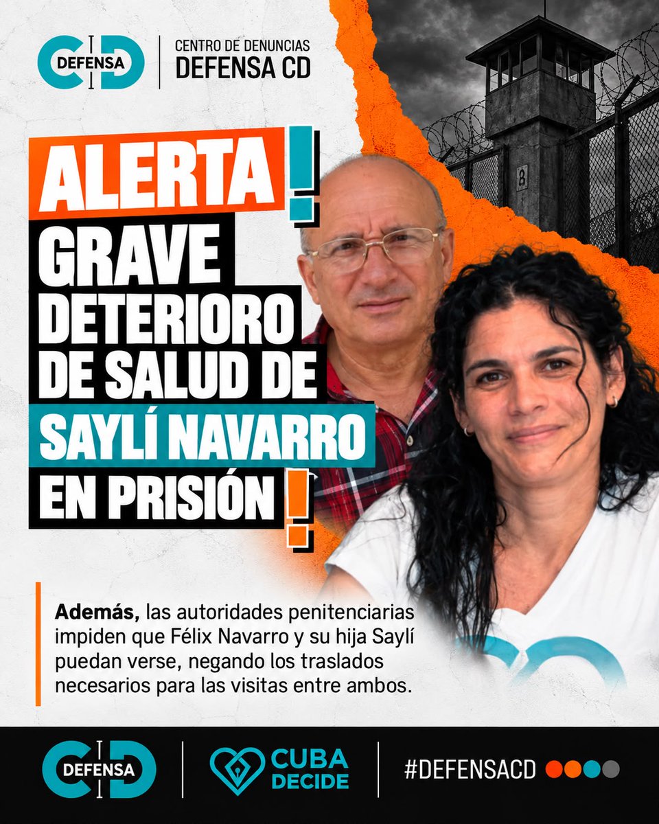 CUBADECIDE's tweet photo. ALERTA | GRAVE DETERIORO DE SALUD DE SAYLÍ NAVARRO EN PRISIÓN
DEFENSA CD recibió información alarmante desde el interior de la isla sobre la situación de los presos políticos Félix Navarro Rodríguez y su hija, Saylí Navarro Álvarez, Dama de Blanco y promotora de Cuba Decide, ambos privados de libertad tras las protestas de julio de 2021.
https://t.co/9mmtstnOac
#defensacd