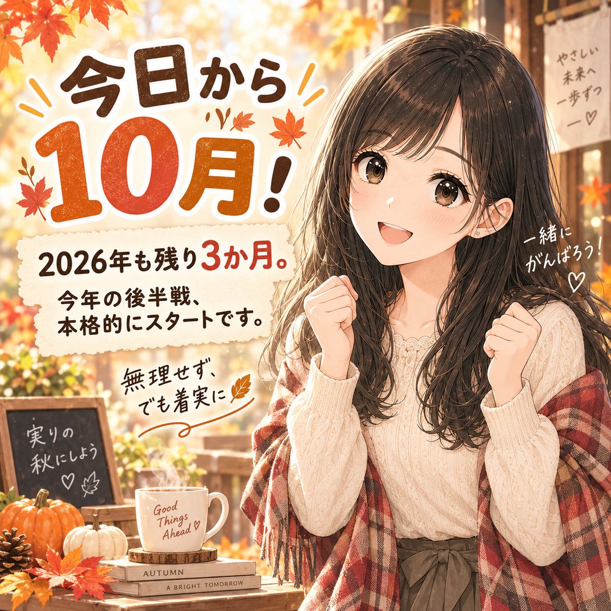 AnAnri21's tweet photo. 2026年も残り3か月。
今年の後半戦、本格的にスタートです。

10月といえば…
・朝晩がぐっと涼しくなって、頭も体も動きやすい季節
・年度で見れば下半期のスタート地点
・ハロウィンなど、季節ならではの発信ネタが増える月
・年末までの計画を一度見直すのにいいタイミング

「今年の目標、進んでるかな？」
と振り返るきっかけにもなる時期だと思います。

できていないことがあっても大丈夫✨
10月からの3か月でどう動くかが、1年の締め方を決めます。

季節の変わり目は体調を崩しやすいので、ペース配分も大事に。
無理せず、でも一歩ずつ。

今月も一緒に頑張りましょう🍂