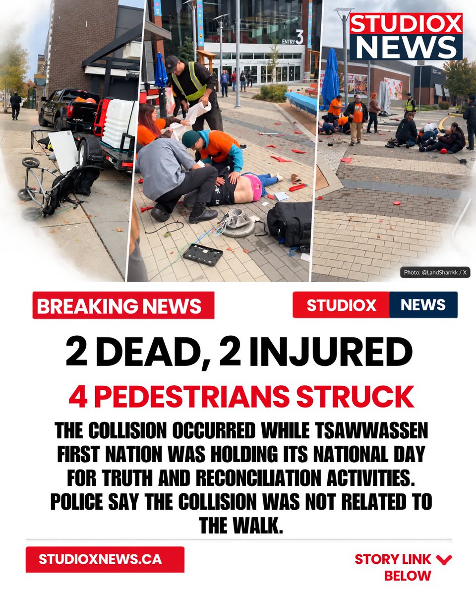 studioxnews's tweet photo. 2 people have died and 2 others were injured after 4 pedestrians were struck by a vehicle at Tsawwassen Mills around 10:25 a.m.

https://t.co/ak4ZcTLBh8

 #StudioXNews #Tsawwassen #DeltaBC #BreakingNews #BCNews https://t.co/ZqeNp72dzt