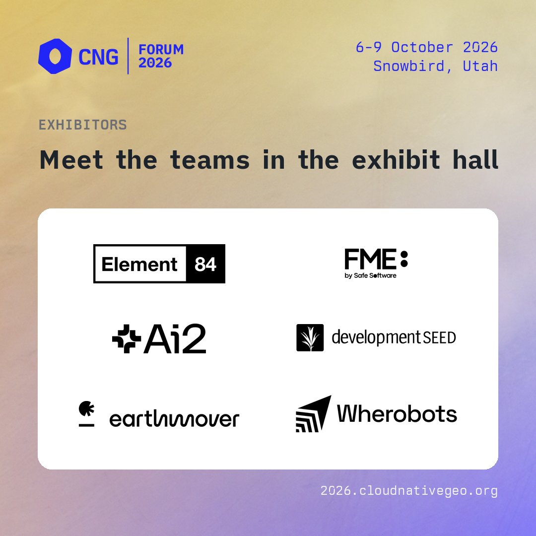 cloudnativegeo's tweet photo. Meet our #CNG2026 exhibitors👇🏽

@Element84, @SafeSoftware, @allen_ai, @developmentseed, @EarthmoverHQ, @wherobots 

Stop by their tables to learn about the tools &amp; services they’re building for the cloud-native geo community

Join us at Snowbird, 6–9 Oct https://t.co/ZEIh4sSeMq https://t.co/6KfajJBKXT