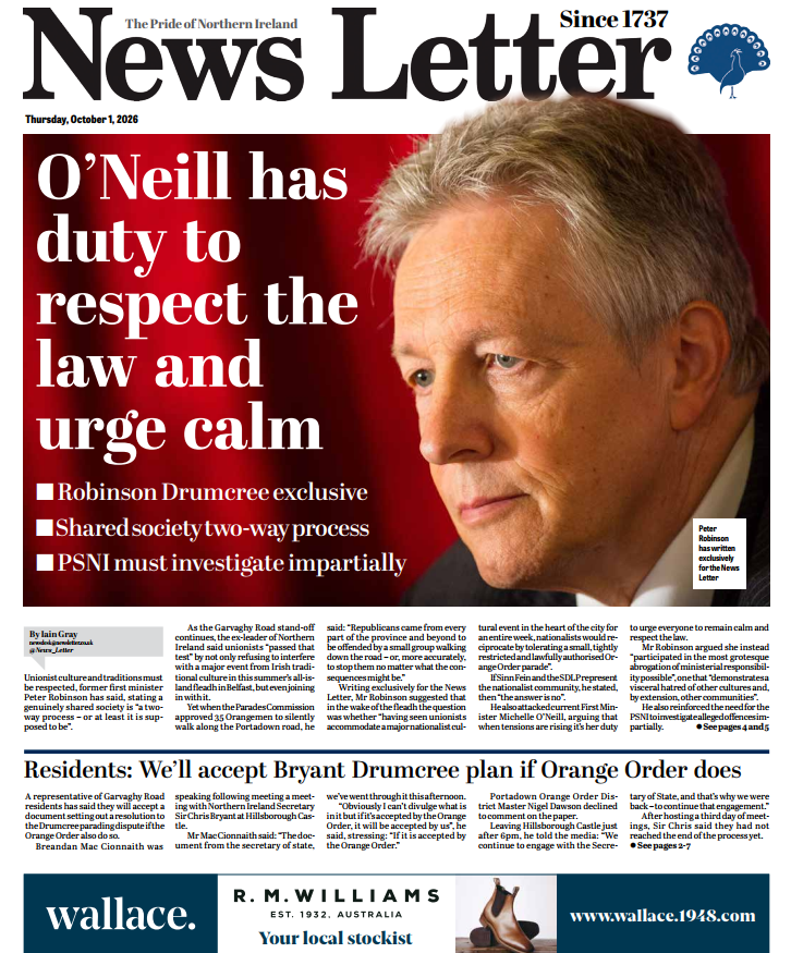 News_Letter's tweet photo. Exclusively in the News Letter tomorrow, former First Minister Peter Robinson speaks on the Drumcree standoff - accusing Michelle O'Neill of deserting her role's duties, while saying republicans have failed a "two-way shared society" test after unionists backed the Fleadh https://t.co/EXXDldQnXx