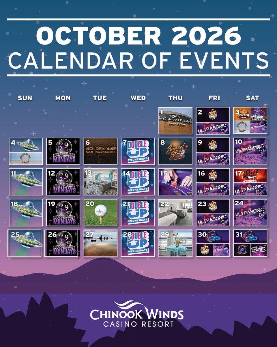 ChinookWinds's tweet photo. These October is going to be out of this world! 👽

We have a lot fun events and promotions for you at Chinook Winds Casino Resort! 

Promotions https://t.co/dv2ZygmwNZ

Events https://t.co/RtIQ3QhsPo https://t.co/orVRGnSIA8