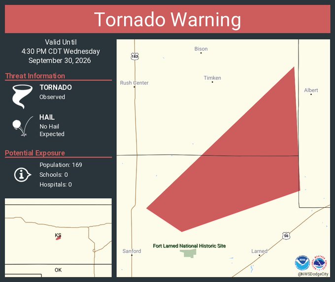 A National Weather Service Tornado Warning graphic issued by NWS Dodge City is displayed, showing a red polygon-shaped warning area covering parts of Pawnee County and Rush County in Kansas, including the Fort Larned National Historic Site, near Larned and Sanford, valid until 4:30 PM CDT Wednesday, September 30, 2026, with a reported tornado and no hail expected affecting an estimated population of 169.