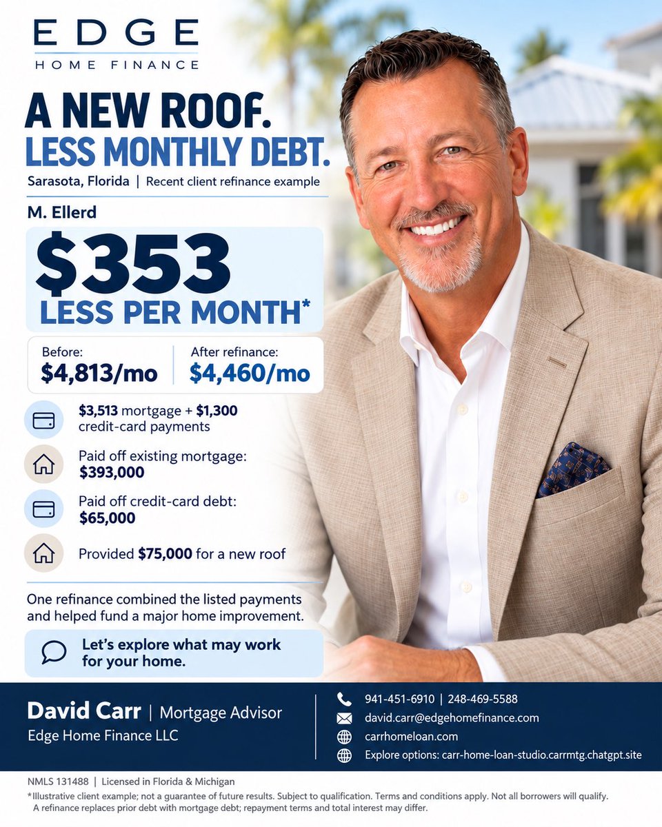 carrhomeloan's tweet photo. A new roof and a simpler monthly payment one recent Sarasota refinance helped make both possible. 🏡

For this client, the refinance paid off a $393,000 mortgage and $65,000 in credit-card debt, and provided $75,000 for a new roof. https://t.co/dpUbNh2pOj