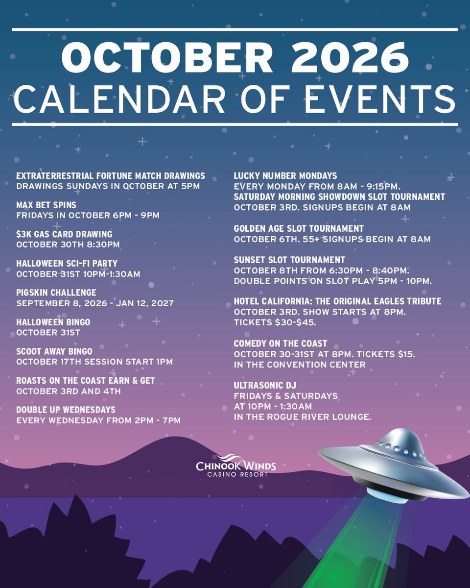 ChinookWinds's tweet photo. These October is going to be out of this world! 👽

We have a lot fun events and promotions for you at Chinook Winds Casino Resort! 

Promotions https://t.co/dv2ZygmwNZ

Events https://t.co/RtIQ3QhsPo https://t.co/orVRGnSIA8