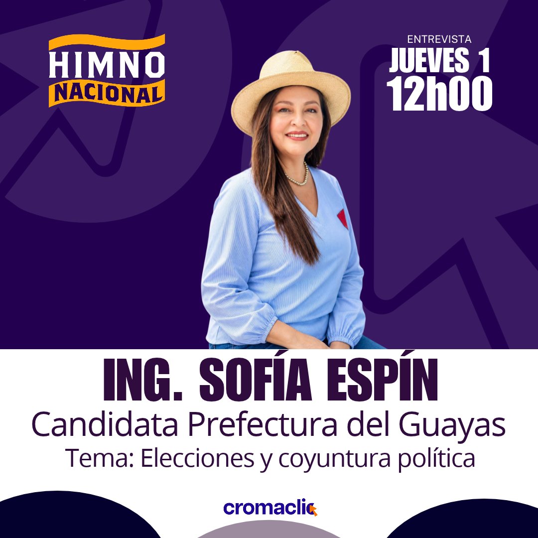 Cromaclic1's tweet photo. Mañana en #HimnoNacional con @Kelme_boy y @DelgadoAndy00 estará @SofiaEspinRC  , candidata a la Prefectura del #Guayas para hablar sobre las elecciones y la coyuntura política.

👉 Empezamos a las 11:30 AM por el canal de YouTube de Cromaclic https://t.co/yotvp3W6T8
