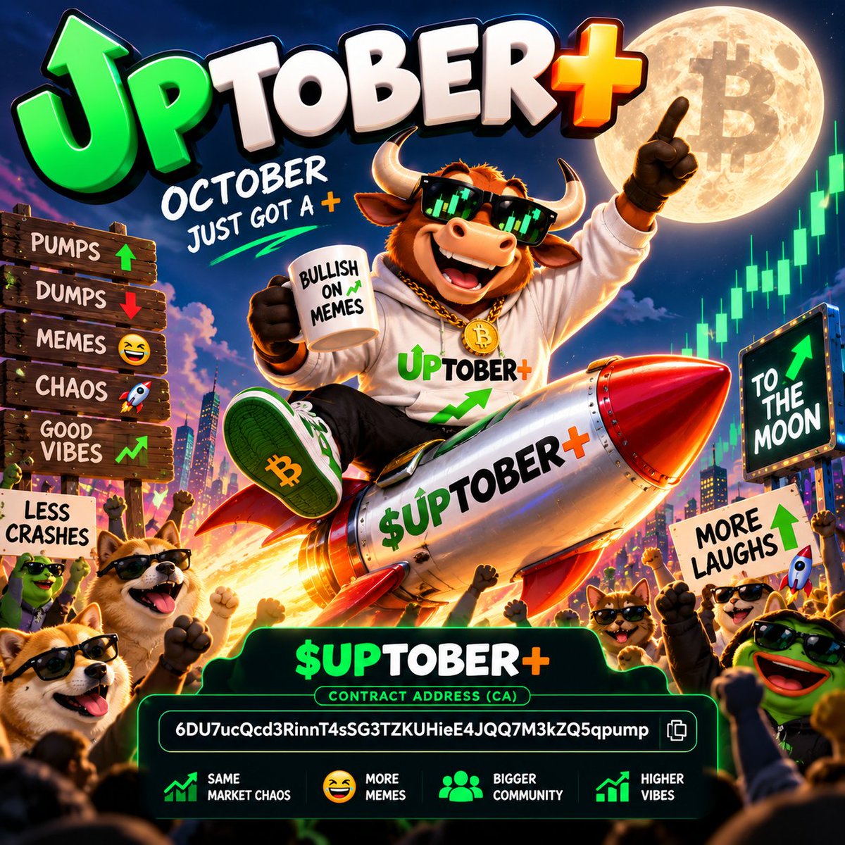 UPTOBERPLUS's tweet photo. 🚨 THE BULL HAS ESCAPED. 🐂📈

$UPTOBER+ is LIVE.

No roadmap to Mars.
Just green candles, crypto chaos &amp; memes. 😂

CA: 6DU7ucQcd3RinnT4sSG3TZKUHieE4JQQ7M3kZQ5qpump

#UPTOBER #Solana #PumpFun #Memecoin https://t.co/OhKB8X6s0p