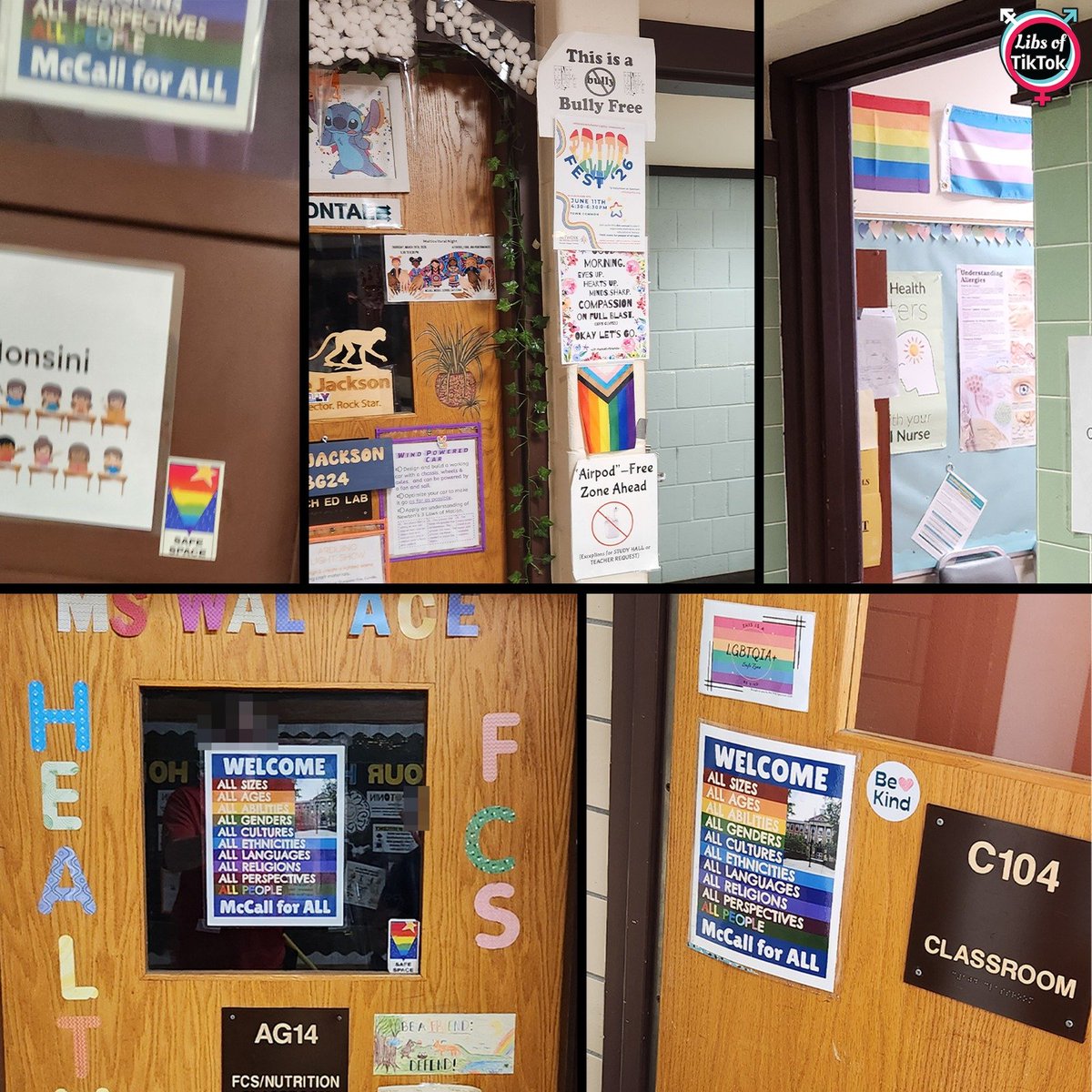 libsoftiktok's tweet photo. EXCLUSIVE: A source sent me MORE photos from inside McCall Middle School (@WPSedu), exposing how the entire school is FILLED with woke LGBTQ propaganda.

Genital m*tilation flags, promotions for Pride festivals, "safe space" stickers, LGBTQ safe zones, and MORE.

My source also tells me that their child was shown a video on woke pronouns and received instruction on being "gender fluid." Students were then reportedly asked for their pronouns.

This school needs to be investigated immediately @AAGDhillon