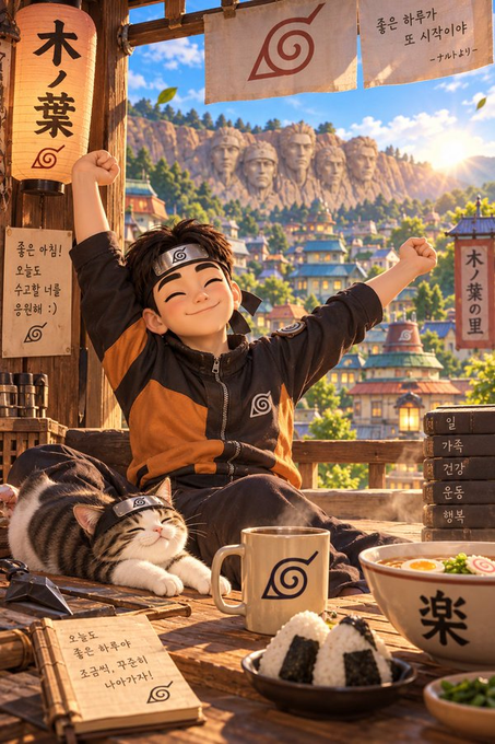 A colorful anime-style illustration of a smiling boy in an orange and black outfit with a headband, stretching his arms at a wooden table with food, tea, and a sleeping cat, with a village and carved mountain faces resembling Hokage in the background.