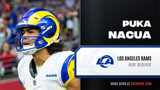 Puka Nacua (Los Angeles Rams Wide Receiver) appears in his Rams uniform alongside a Rotowire graphic, the image accompanies an update from @StuJRams noting that Nacua is limited in practice with a hip injury but expected to play in Week 4 per head coach Sean McVay.